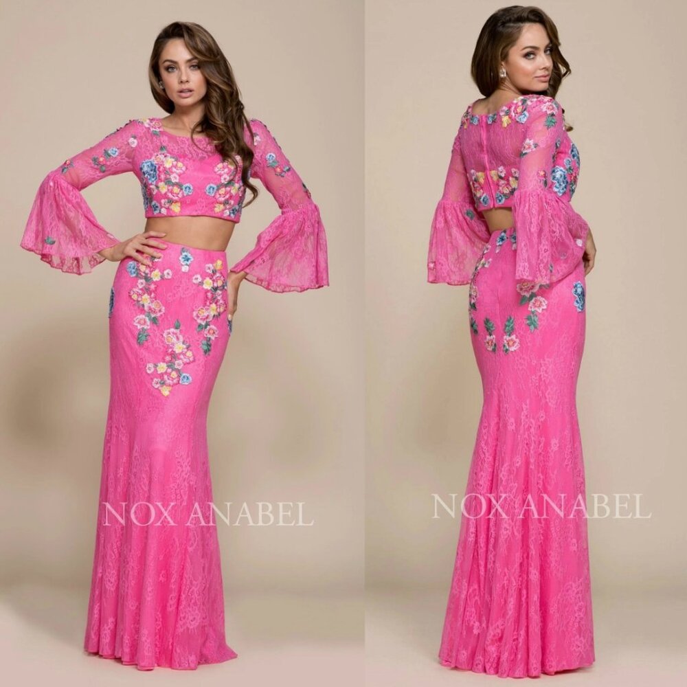 NWT Nox Anabel 8288 Two-Piece Bell Sleeves Embroidered Lace Mermaid Gown, S,XL